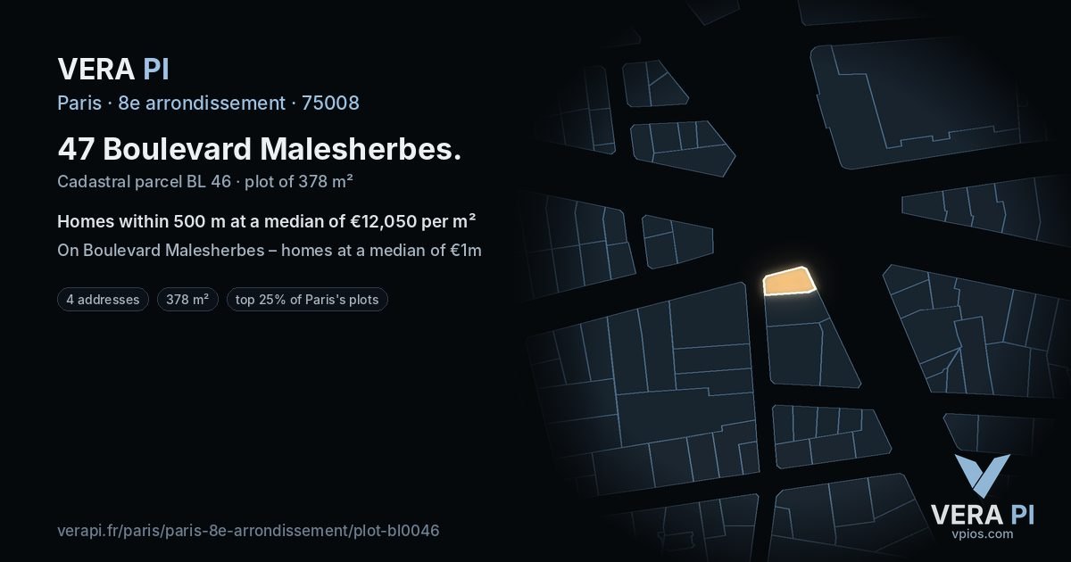 47 Boulevard Malesherbes, 8e arrondissement at night – the plot lit, the parcels around coloured by the prices near them
