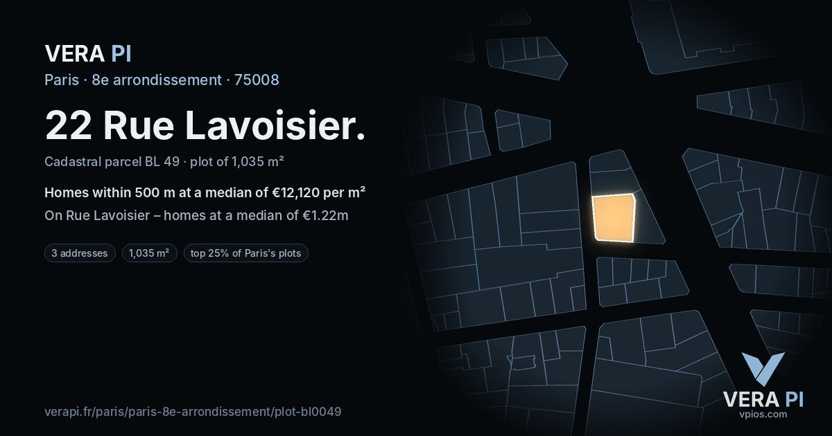 22 Rue Lavoisier, 8e arrondissement at night – the plot lit, the parcels around coloured by the prices near them