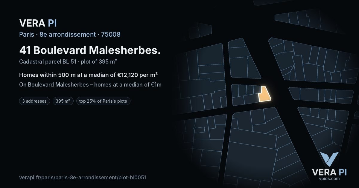 41 Boulevard Malesherbes, 8e arrondissement at night – the plot lit, the parcels around coloured by the prices near them
