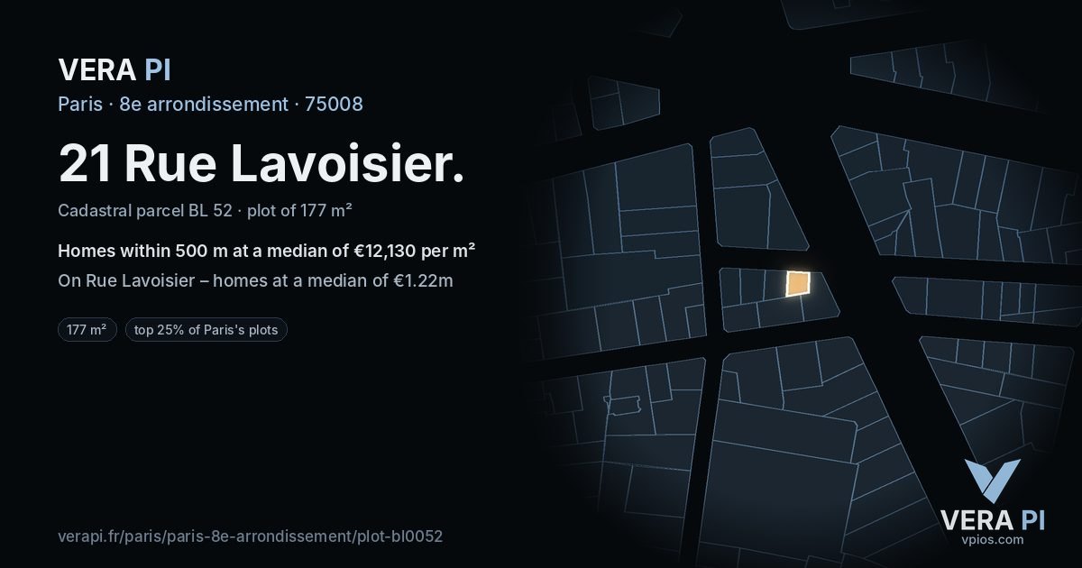 21 Rue Lavoisier, 8e arrondissement at night – the plot lit, the parcels around coloured by the prices near them
