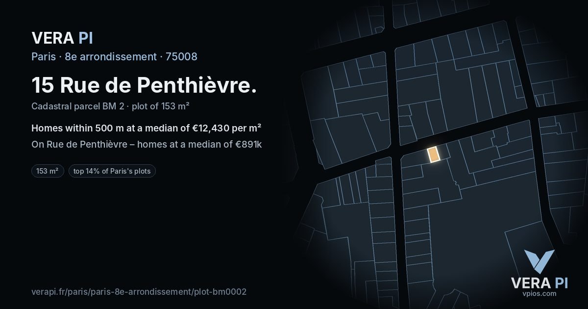 15 Rue de Penthièvre, 8e arrondissement at night – the plot lit, the parcels around coloured by the prices near them