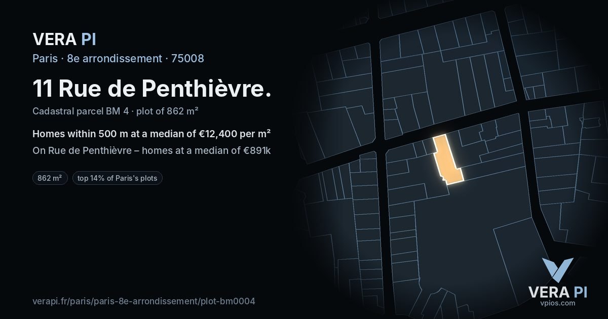 11 Rue de Penthièvre, 8e arrondissement at night – the plot lit, the parcels around coloured by the prices near them
