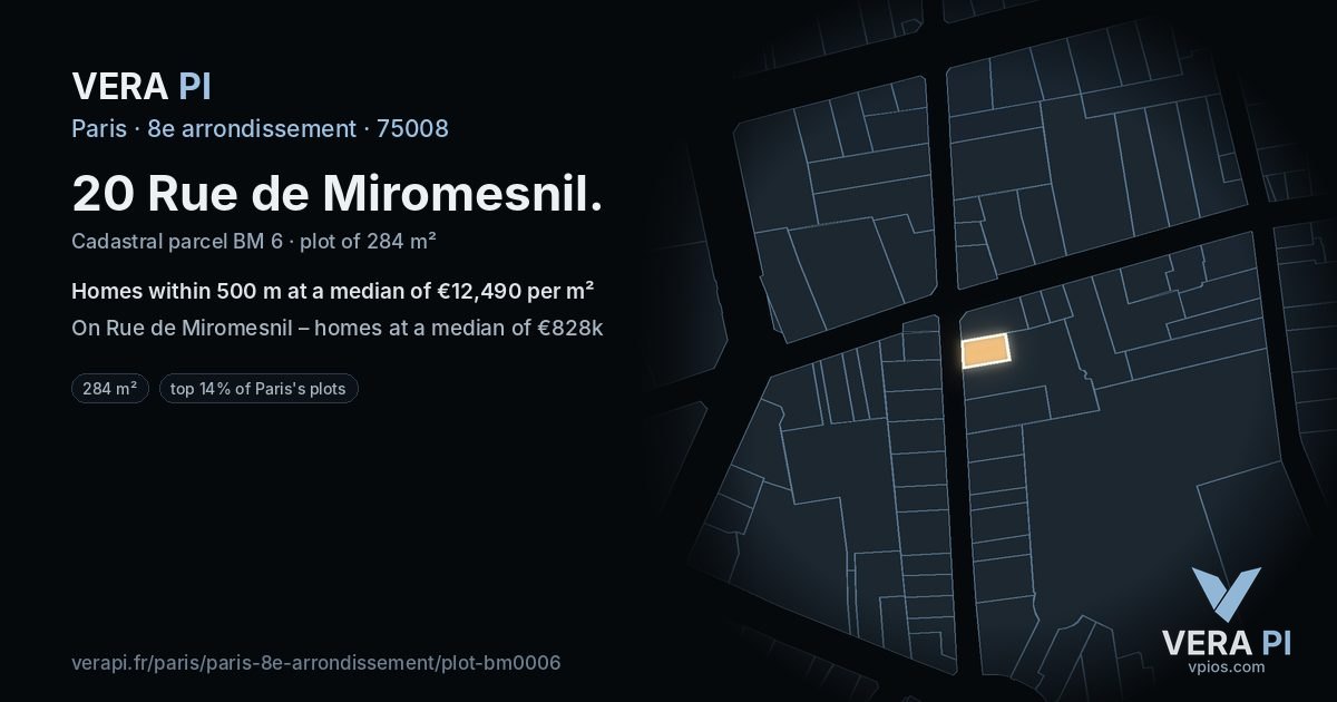 20 Rue de Miromesnil, 8e arrondissement at night – the plot lit, the parcels around coloured by the prices near them