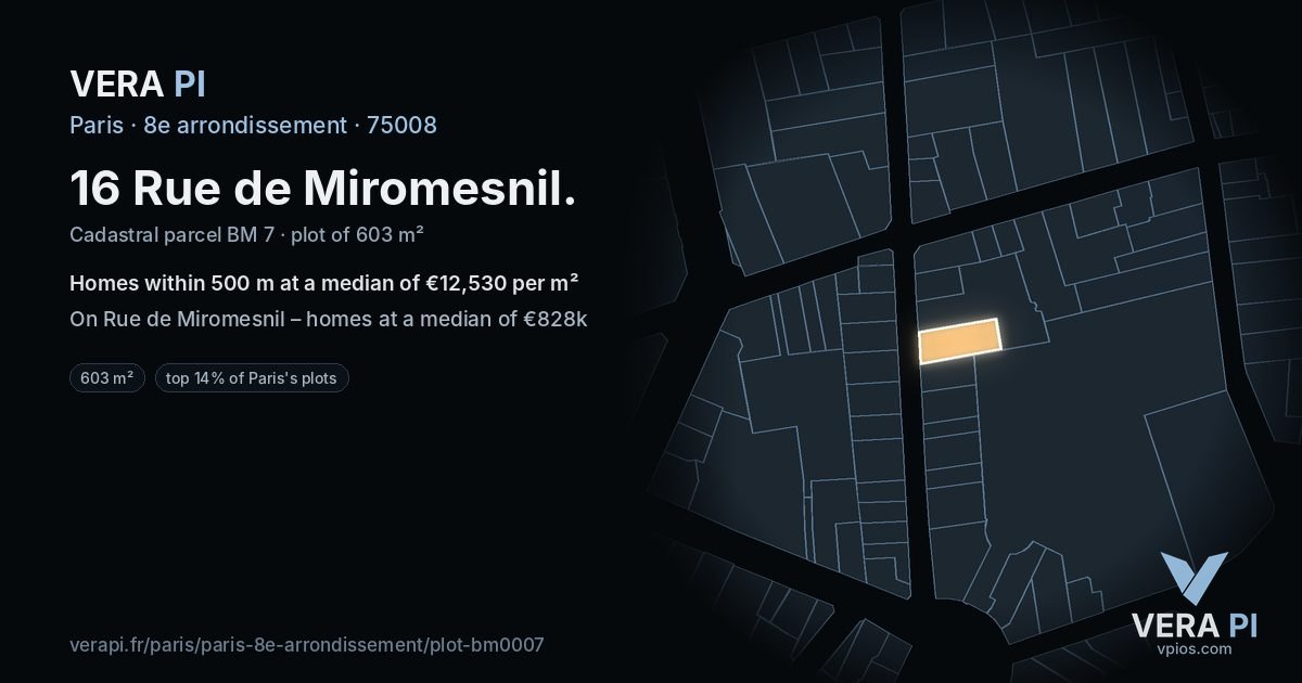 16 Rue de Miromesnil, 8e arrondissement at night – the plot lit, the parcels around coloured by the prices near them