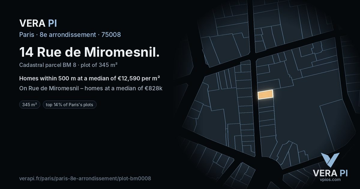 14 Rue de Miromesnil, 8e arrondissement at night – the plot lit, the parcels around coloured by the prices near them