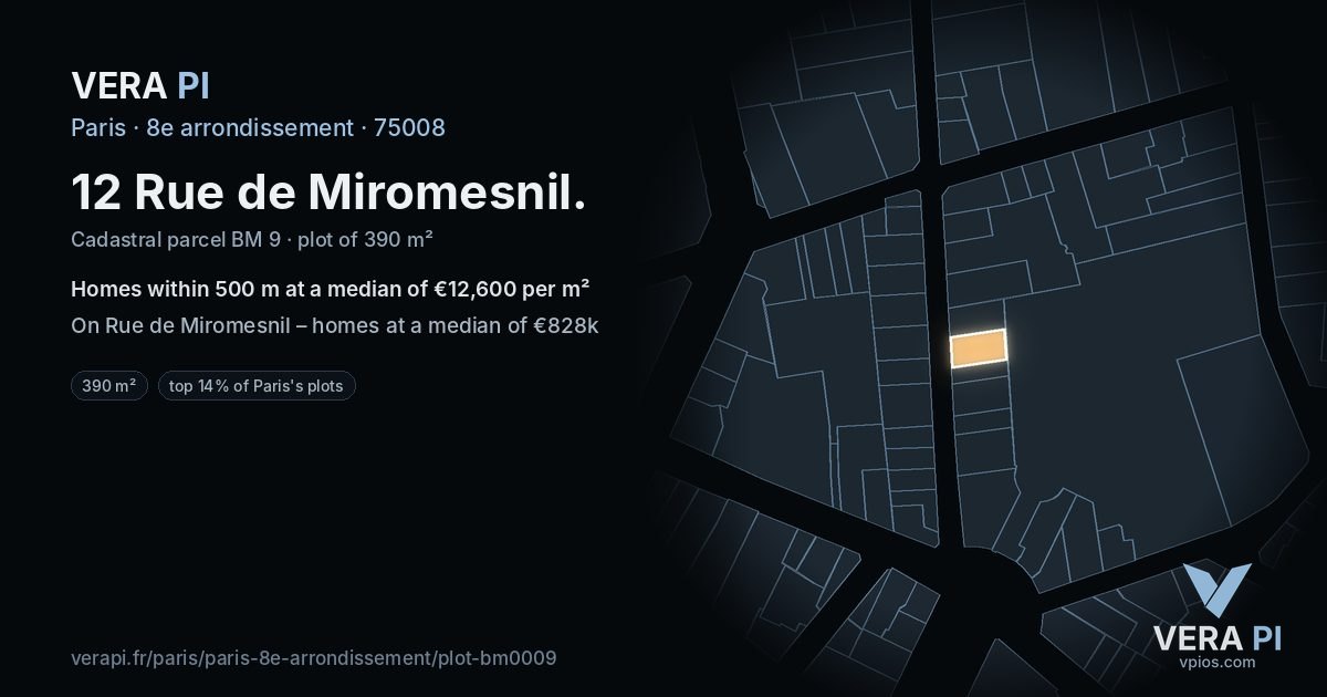 12 Rue de Miromesnil, 8e arrondissement at night – the plot lit, the parcels around coloured by the prices near them