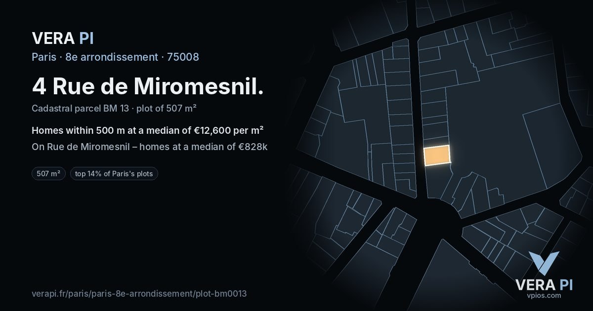4 Rue de Miromesnil, 8e arrondissement at night – the plot lit, the parcels around coloured by the prices near them