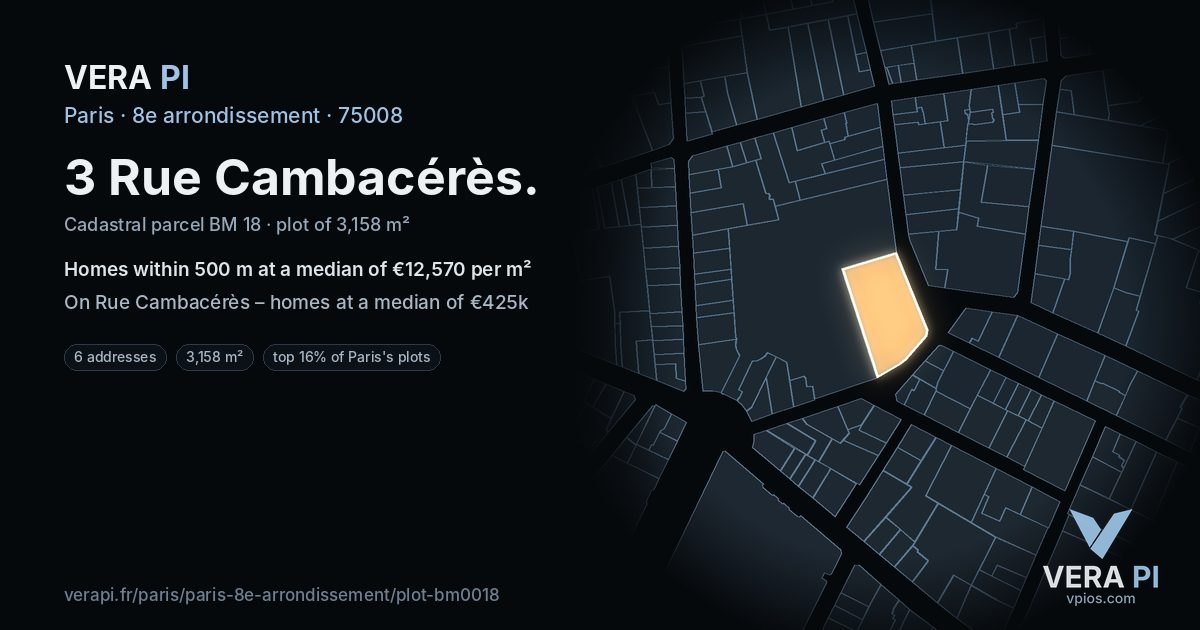 3 Rue Cambacérès, 8e arrondissement at night – the plot lit, the parcels around coloured by the prices near them