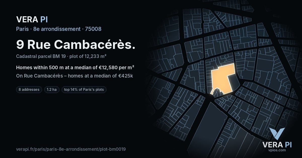 9 Rue Cambacérès, 8e arrondissement at night – the plot lit, the parcels around coloured by the prices near them