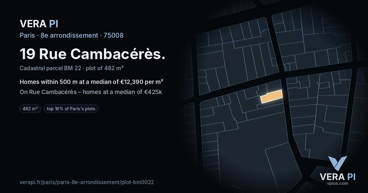 19 Rue Cambacérès, 8e arrondissement at night – the plot lit, the parcels around coloured by the prices near them
