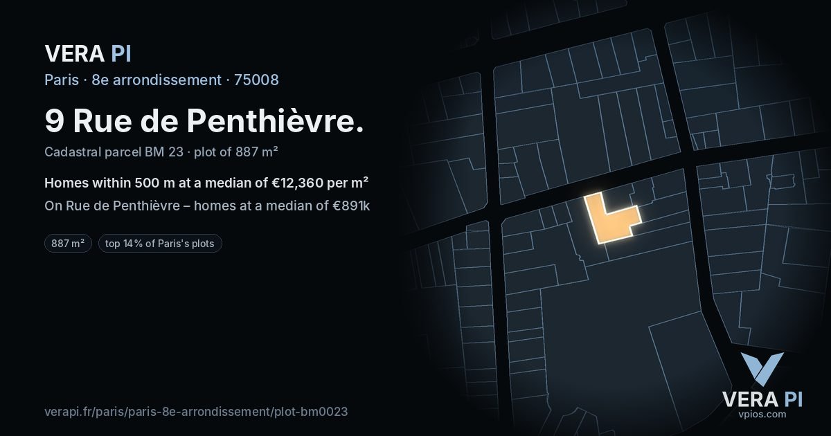 9 Rue de Penthièvre, 8e arrondissement at night – the plot lit, the parcels around coloured by the prices near them