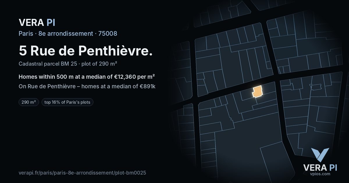 5 Rue de Penthièvre, 8e arrondissement at night – the plot lit, the parcels around coloured by the prices near them