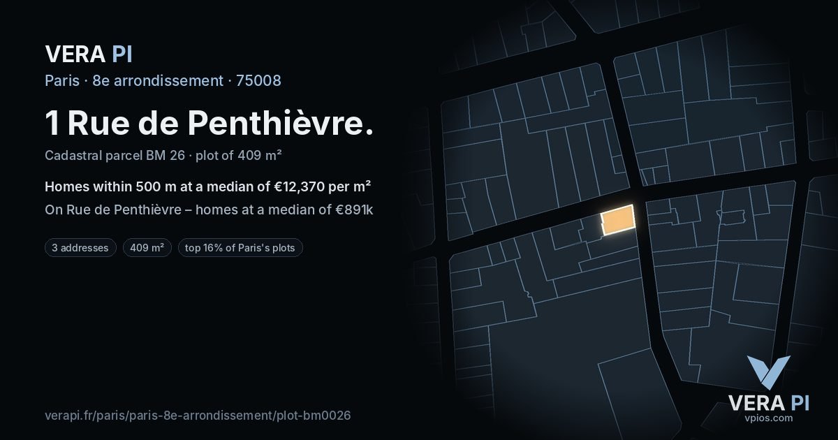 1 Rue de Penthièvre, 8e arrondissement at night – the plot lit, the parcels around coloured by the prices near them