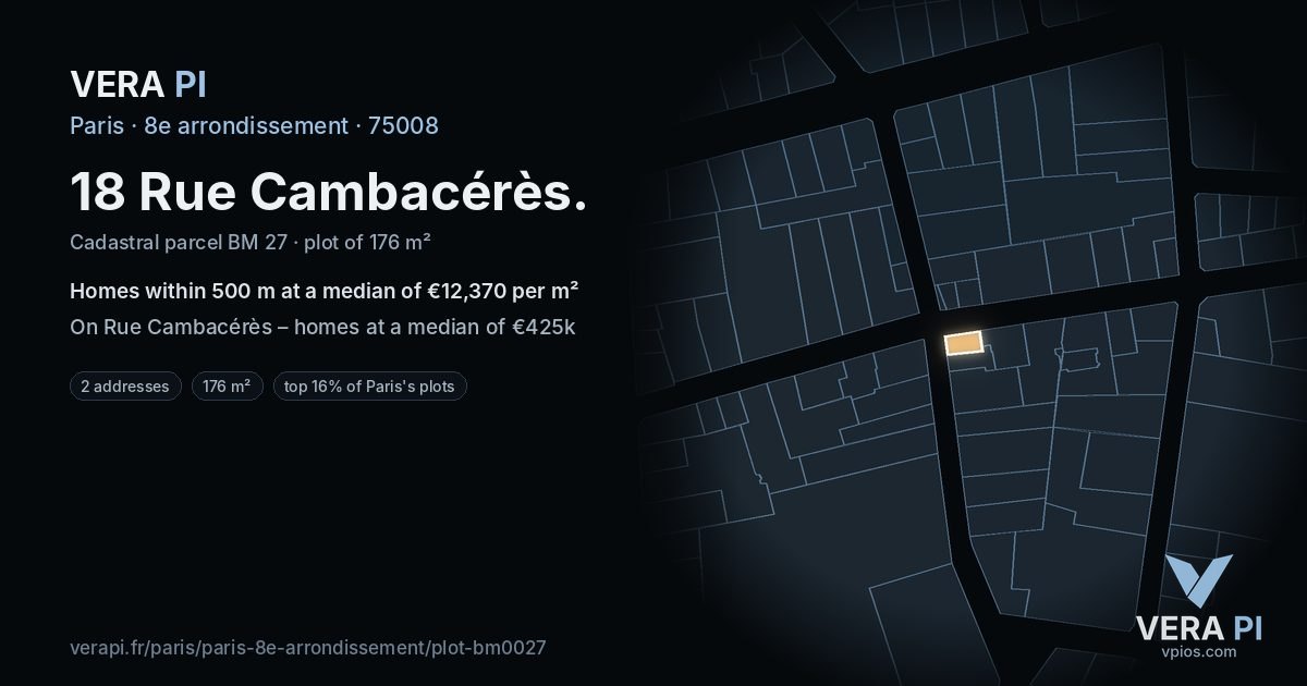 18 Rue Cambacérès, 8e arrondissement at night – the plot lit, the parcels around coloured by the prices near them