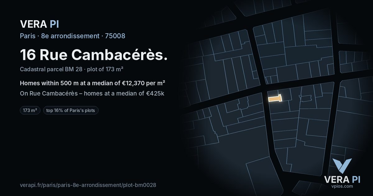 16 Rue Cambacérès, 8e arrondissement at night – the plot lit, the parcels around coloured by the prices near them