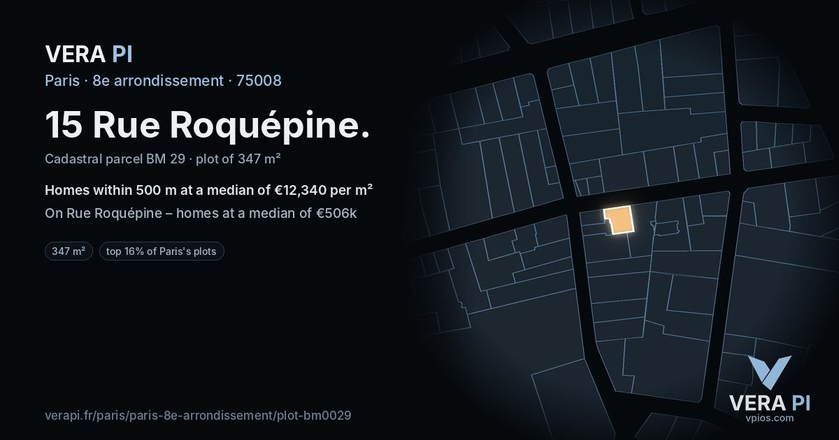 15 Rue Roquépine, 8e arrondissement at night – the plot lit, the parcels around coloured by the prices near them