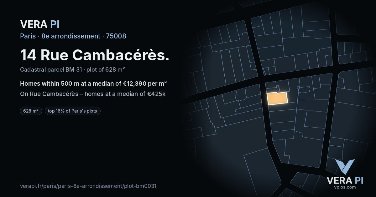 14 Rue Cambacérès, 8e arrondissement at night – the plot lit, the parcels around coloured by the prices near them