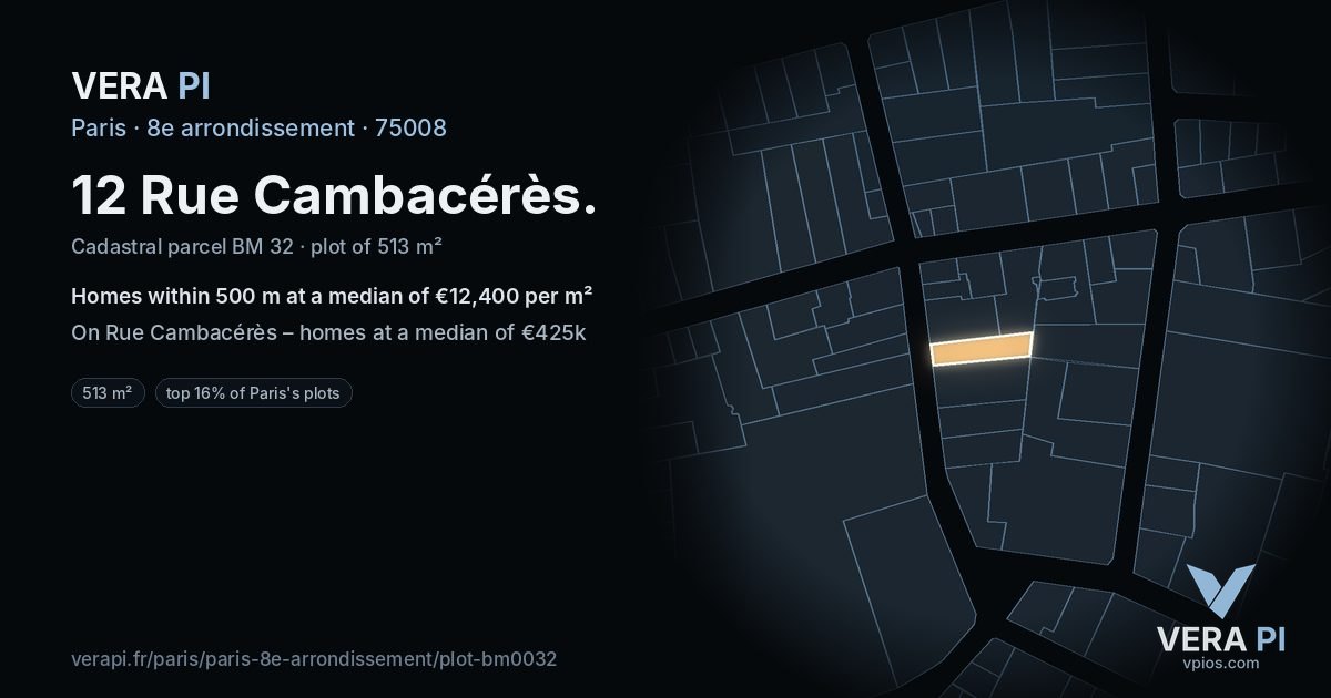 12 Rue Cambacérès, 8e arrondissement at night – the plot lit, the parcels around coloured by the prices near them