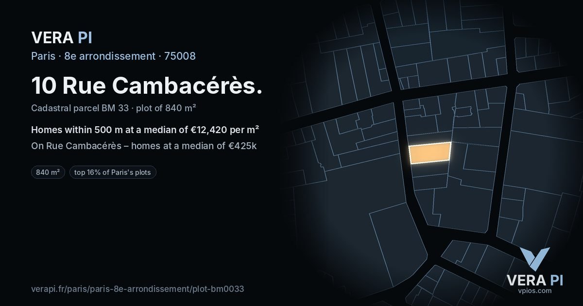10 Rue Cambacérès, 8e arrondissement at night – the plot lit, the parcels around coloured by the prices near them
