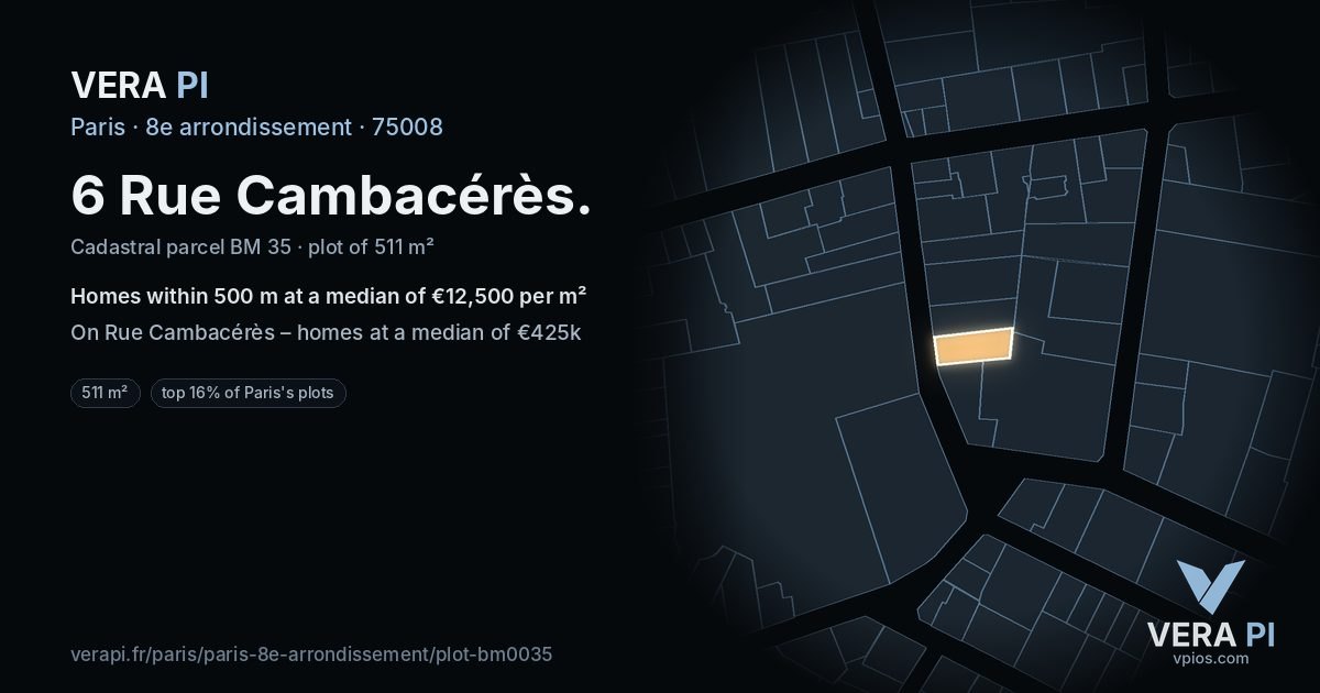 6 Rue Cambacérès, 8e arrondissement at night – the plot lit, the parcels around coloured by the prices near them