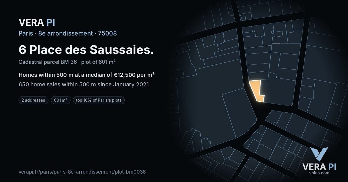 6 Place des Saussaies, 8e arrondissement at night – the plot lit, the parcels around coloured by the prices near them