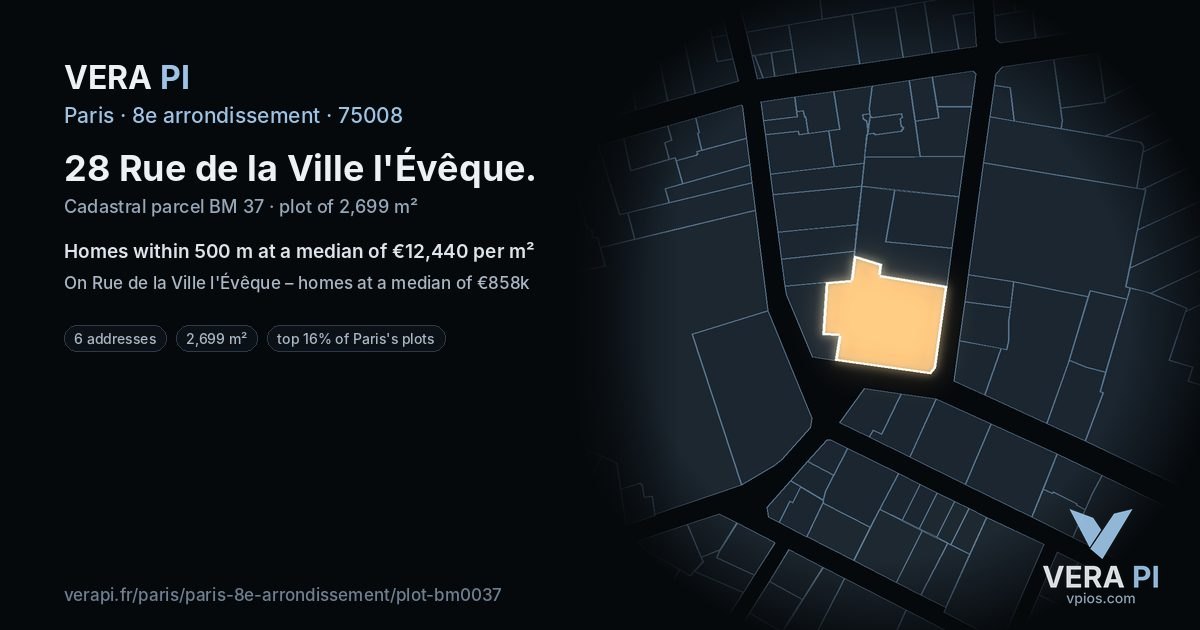 28 Rue de la Ville l'Évêque, 8e arrondissement at night – the plot lit, the parcels around coloured by the prices near them