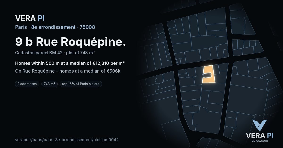 9 b Rue Roquépine, 8e arrondissement at night – the plot lit, the parcels around coloured by the prices near them