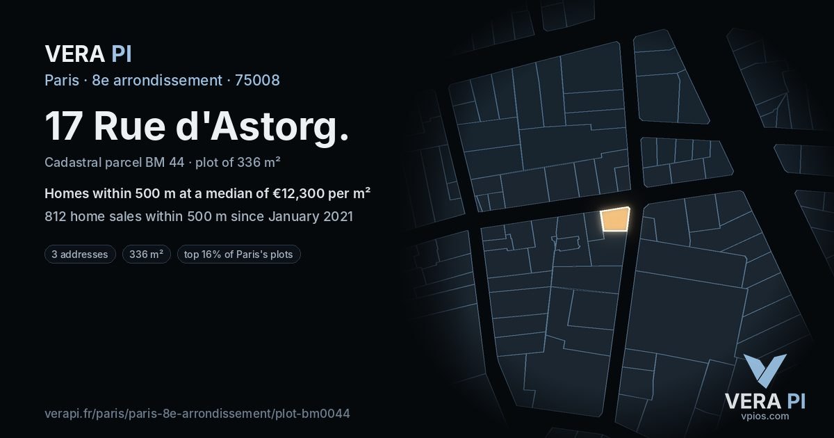 17 Rue d'Astorg, 8e arrondissement at night – the plot lit, the parcels around coloured by the prices near them