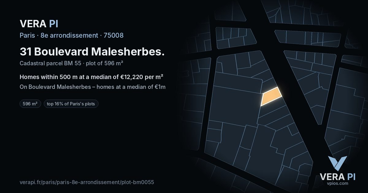 31 Boulevard Malesherbes, 8e arrondissement at night – the plot lit, the parcels around coloured by the prices near them