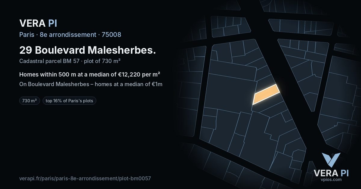 29 Boulevard Malesherbes, 8e arrondissement at night – the plot lit, the parcels around coloured by the prices near them