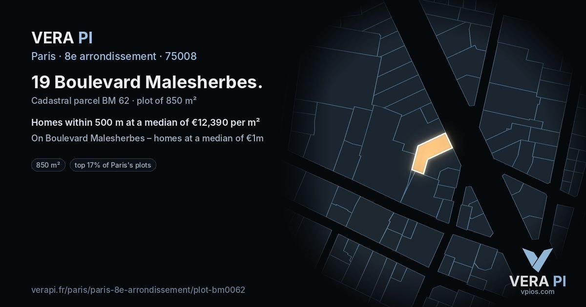 19 Boulevard Malesherbes, 8e arrondissement at night – the plot lit, the parcels around coloured by the prices near them
