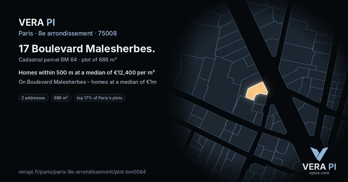 17 Boulevard Malesherbes, 8e arrondissement at night – the plot lit, the parcels around coloured by the prices near them
