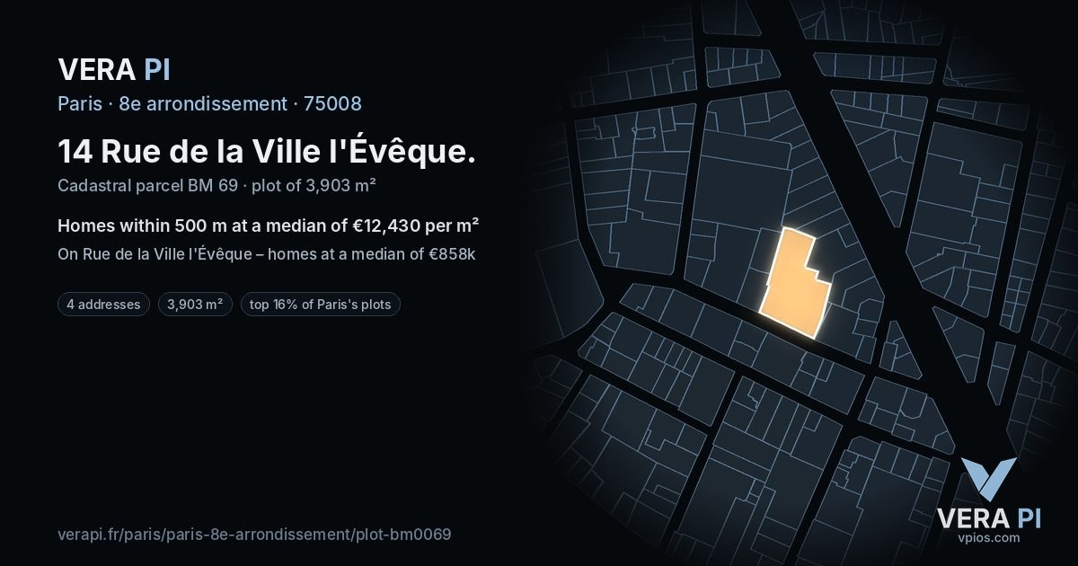 14 Rue de la Ville l'Évêque, 8e arrondissement at night – the plot lit, the parcels around coloured by the prices near them