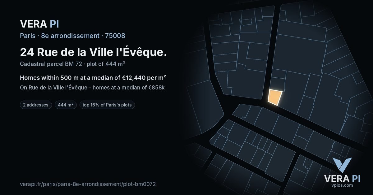 24 Rue de la Ville l'Évêque, 8e arrondissement at night – the plot lit, the parcels around coloured by the prices near them
