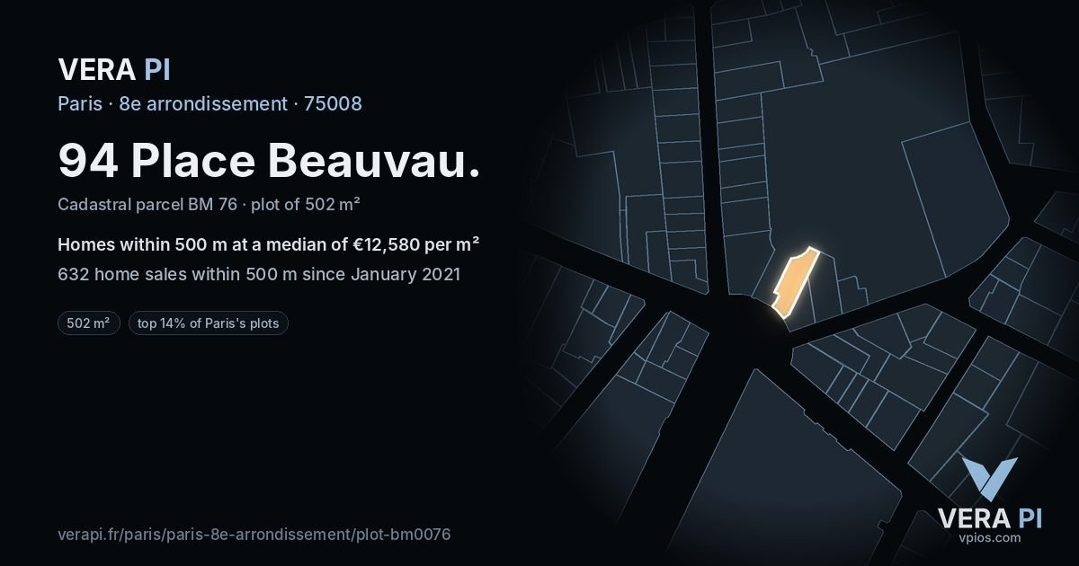 94 Place Beauvau, 8e arrondissement at night – the plot lit, the parcels around coloured by the prices near them