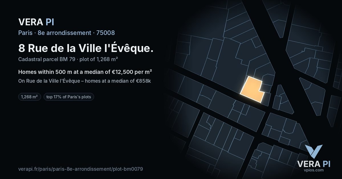 8 Rue de la Ville l'Évêque, 8e arrondissement at night – the plot lit, the parcels around coloured by the prices near them