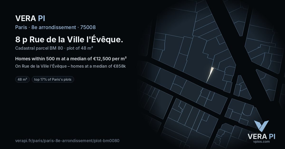 8 p Rue de la Ville l'Évêque, 8e arrondissement at night – the plot lit, the parcels around coloured by the prices near them