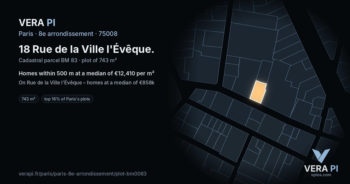 18 Rue de la Ville l'Évêque, 8e arrondissement at night – the plot lit, the parcels around coloured by the prices near them