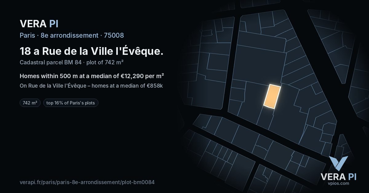 18 a Rue de la Ville l'Évêque, 8e arrondissement at night – the plot lit, the parcels around coloured by the prices near them