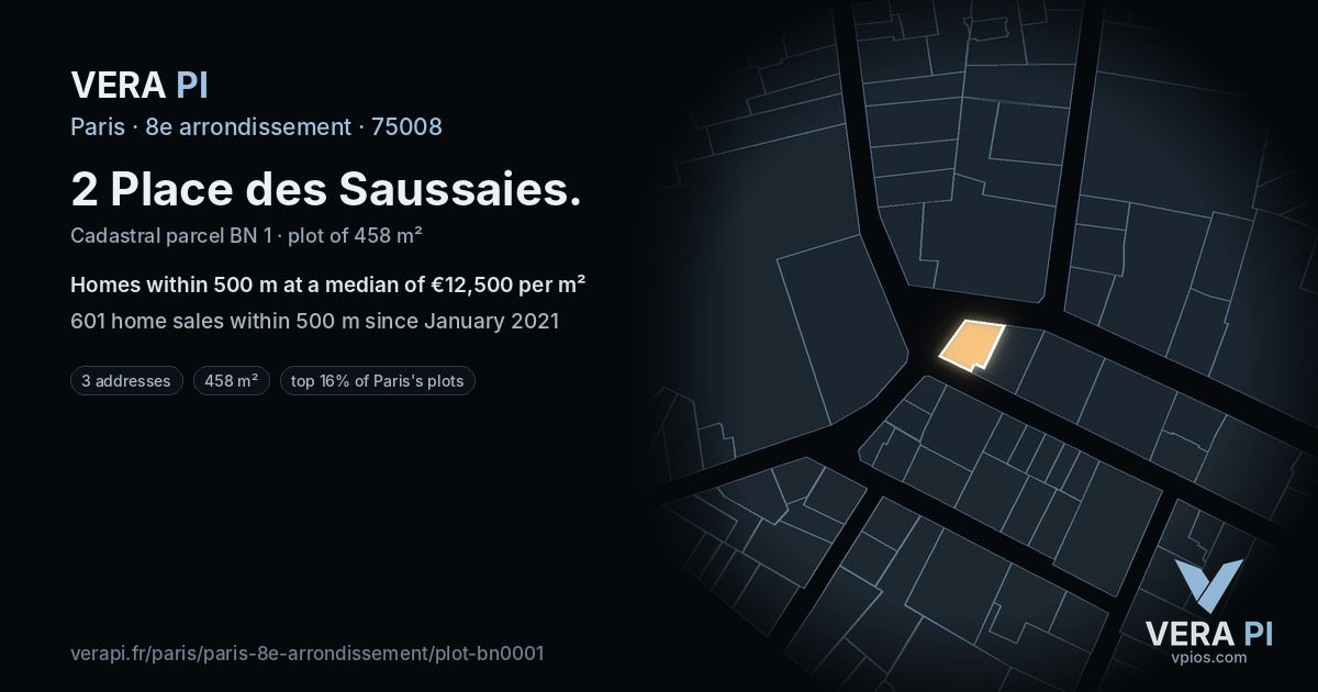 2 Place des Saussaies, 8e arrondissement at night – the plot lit, the parcels around coloured by the prices near them