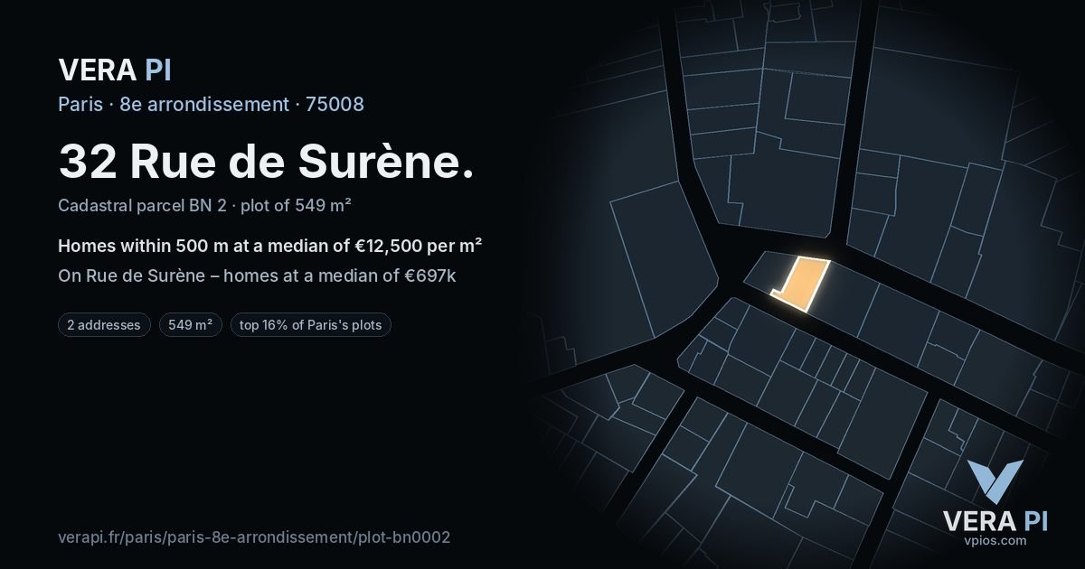 32 Rue de Surène, 8e arrondissement at night – the plot lit, the parcels around coloured by the prices near them