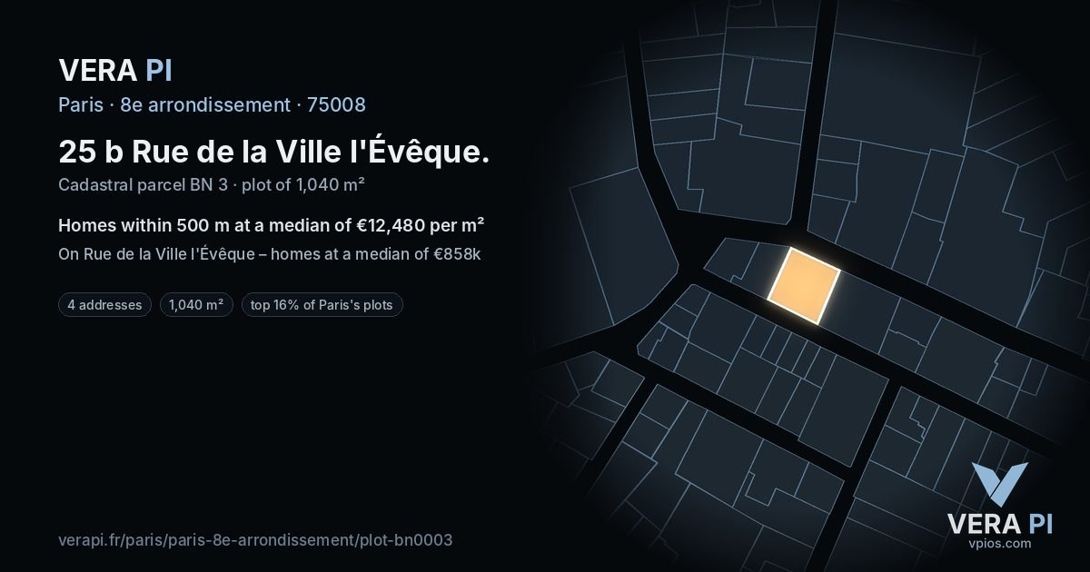 25 b Rue de la Ville l'Évêque, 8e arrondissement at night – the plot lit, the parcels around coloured by the prices near them