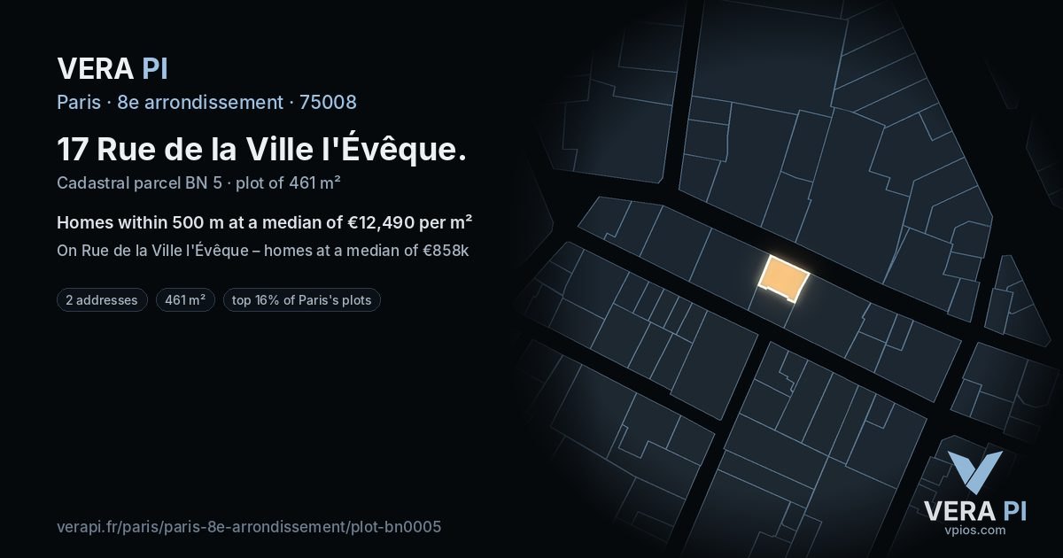 17 Rue de la Ville l'Évêque, 8e arrondissement at night – the plot lit, the parcels around coloured by the prices near them