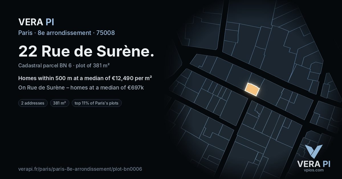 22 Rue de Surène, 8e arrondissement at night – the plot lit, the parcels around coloured by the prices near them