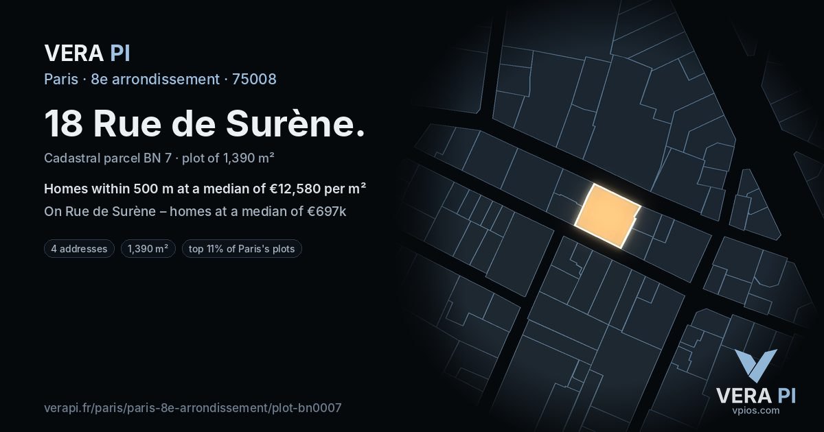 18 Rue de Surène, 8e arrondissement at night – the plot lit, the parcels around coloured by the prices near them