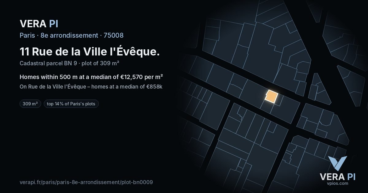 11 Rue de la Ville l'Évêque, 8e arrondissement at night – the plot lit, the parcels around coloured by the prices near them