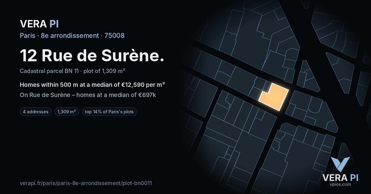 12 Rue de Surène, 8e arrondissement at night – the plot lit, the parcels around coloured by the prices near them
