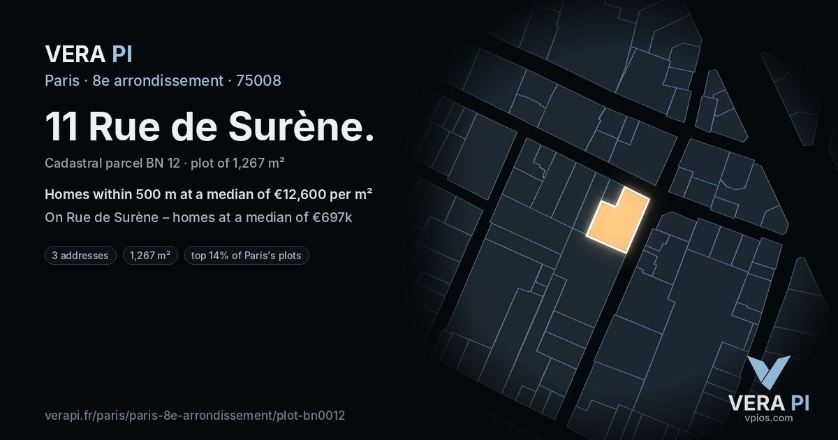 11 Rue de Surène, 8e arrondissement at night – the plot lit, the parcels around coloured by the prices near them