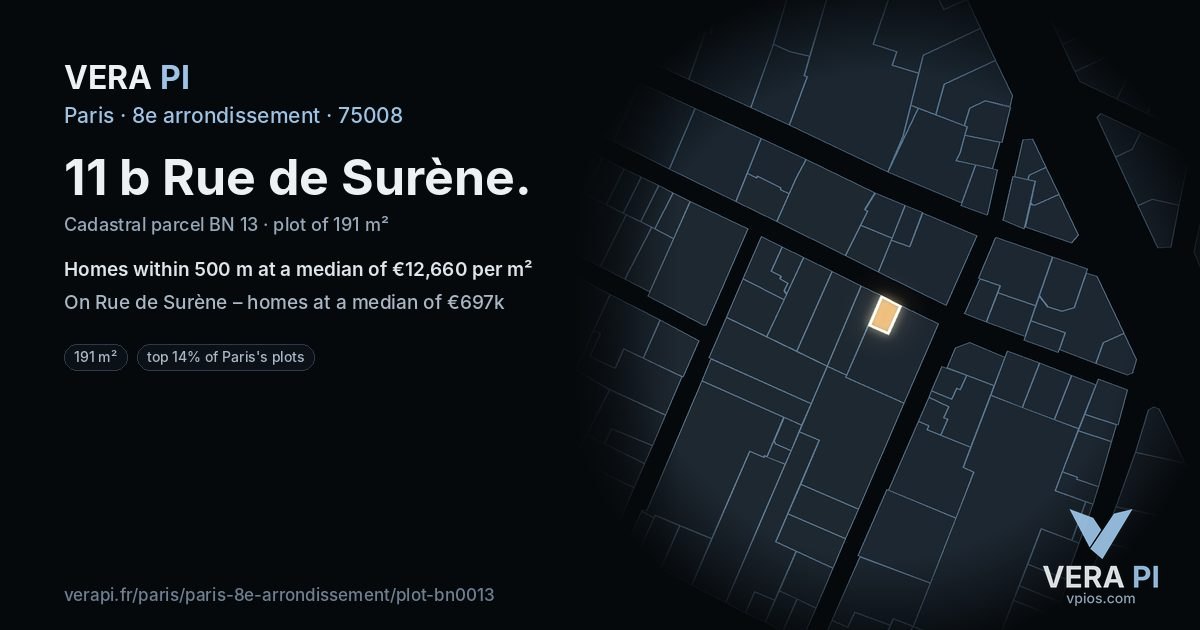 11 b Rue de Surène, 8e arrondissement at night – the plot lit, the parcels around coloured by the prices near them