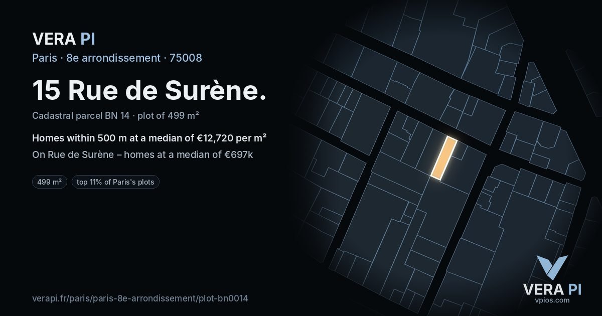 15 Rue de Surène, 8e arrondissement at night – the plot lit, the parcels around coloured by the prices near them